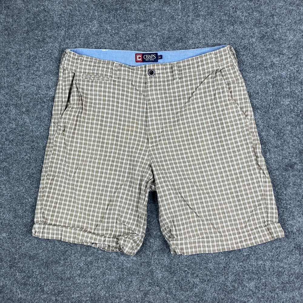 Chaps Shorts Mens Size 34 Beige‎ Brown Plaid Classic Cotton Flat Front Preppy